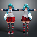 Blue Haired Girl Character With Animal Pattern T Shirt Red Plaid Skirt And White Bag