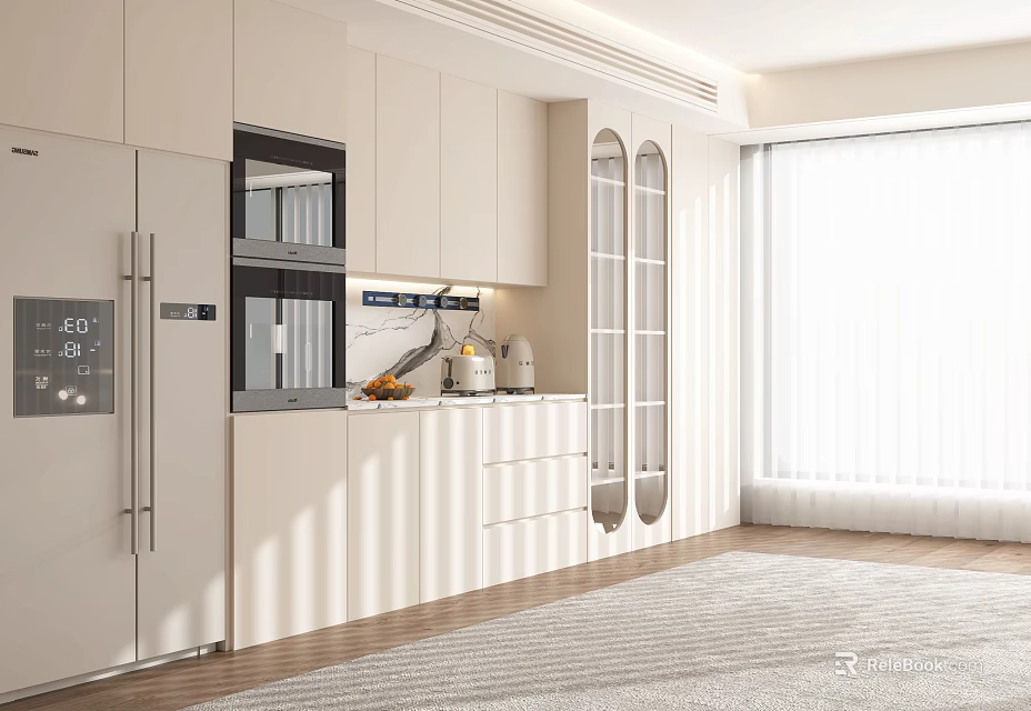Modern White Kitchen Sideboard With Sleek Cabinets Countertop And Natural Light 3d model 