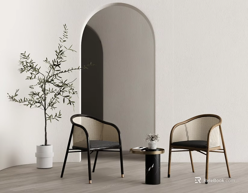 Two Modern Chairs And Small Round Table With White Wall Arched Doorway Olive Tree 3d model 