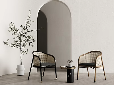 Two Modern Chairs And Small Round Table With White Wall Arched Doorway Olive Tree 3d model