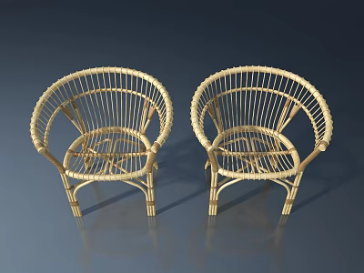 Two Golden Rattan Chairs With Round Back And Weave Texture Design 3d model