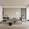 Modern Minimalist Bedroom Interior With King Bed Gray Cushions White Wardrobes And Area Rug