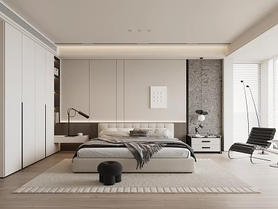 Modern Minimalist Bedroom Interior With King Bed Gray Cushions White Wardrobes And Area Rug 3d model