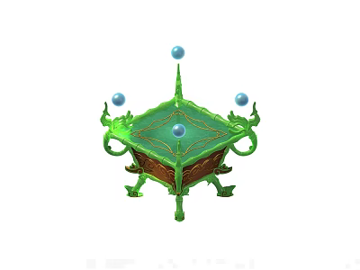 Mystical Green Square Decorative Stand With Blue Orbs And Ornate Legs 3d model