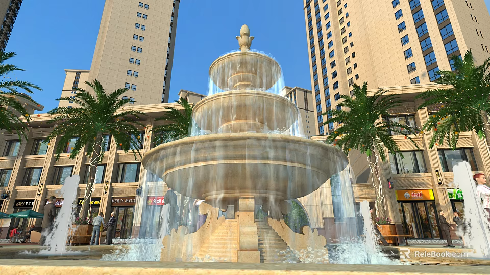 Multi tiered Garden Ornament Fountain With Flowing Water Palm Trees And High Rise Buildings 3d model 