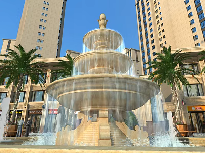 Multi tiered Garden Ornament Fountain With Flowing Water Palm Trees And High Rise Buildings 3d model
