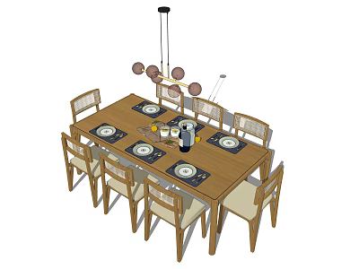 Wooden Dining Table Set with Chairs Tableware and Hanging Chandelier 3d model