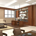 Chinese Style Office Interior With Wooden Bookshelf Desk Table Lamp Decorative Painting And Windows