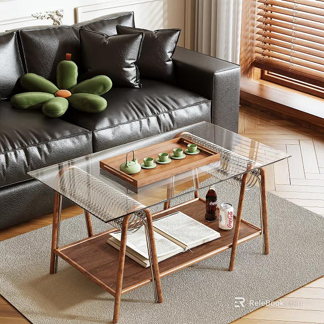 Modern Coffee Table with Glass Top Wooden Frame Wooden Tray Green Tea Cups Open Book 3d model 