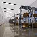 Spacious Warehouse Storage With Metal Shelves Cardboard Boxes Windows And Fluorescent Lighting