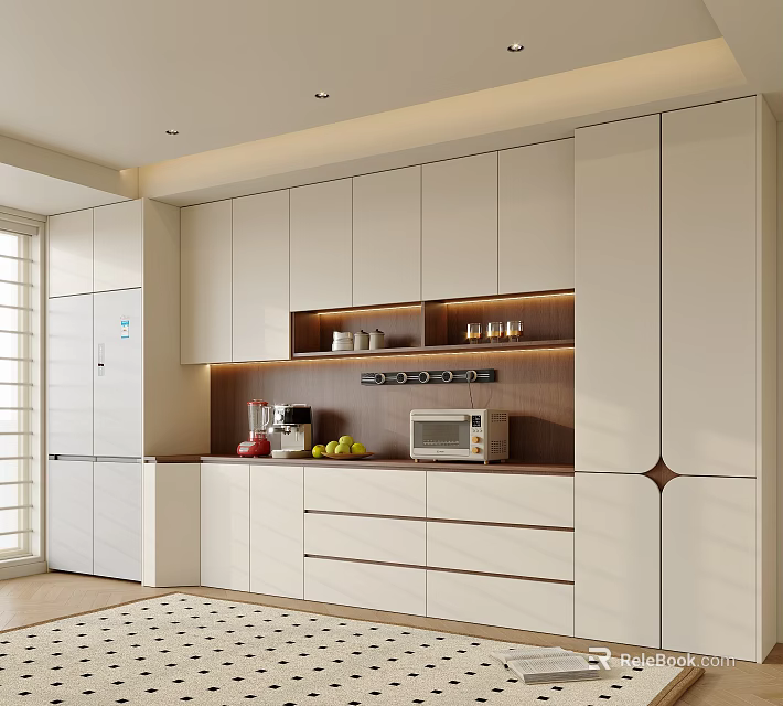 Modern Wine Cabinet In Kitchen With White Cabinets Wooden Shelves And Built in Lighting 3d model 
