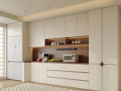 Modern Wine Cabinet In Kitchen With White Cabinets Wooden Shelves And Built in Lighting 3d model
