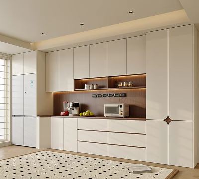 Modern Wine Cabinet In Kitchen With White Cabinets Wooden Shelves And Built in Lighting 3d model