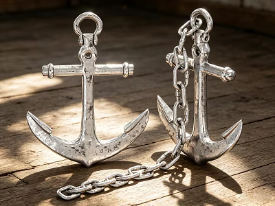 Vintage Industrial Equipment Silver Anchors With Chain On Wooden Surface 3d model