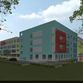 Colorful School Building with Green Lawn and Trees and Children Playing on Slide