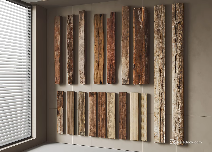 Wooden Planks With Various Colors And Textures Hung On Stone Wall With Window 3d model 