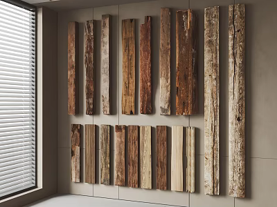 Wooden Planks With Various Colors And Textures Hung On Stone Wall With Window 3d model