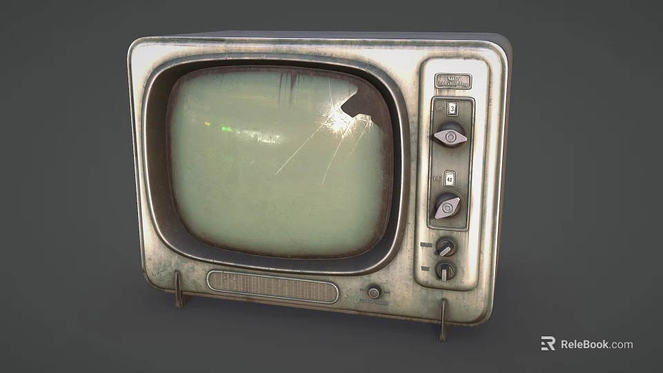 Vintage Old Fashioned Television With Cracked Green Screen And Rusted Body 3d model 
