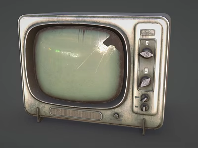 Vintage Old Fashioned Television With Cracked Green Screen And Rusted Body 3d model