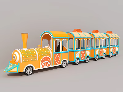 Cartoon Yellow Blue Train With Multiple Carriages Orange Decor And Smiling Face For Kids Playground 3d model