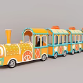 Cartoon Yellow Blue Train With Multiple Carriages Orange Decor And Smiling Face For Kids Playground