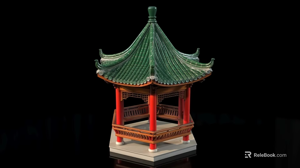 Traditional Chinese Garden Pavilion With Green Tiled Roof Red Pillars And Wooden Structure 3d model 