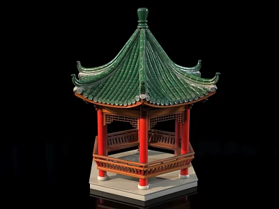 Traditional Chinese Garden Pavilion With Green Tiled Roof Red Pillars And Wooden Structure 3d model