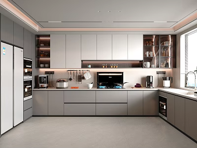 Modern Sleek Kitchen Featuring Gray Cabinets Wall Storage And Stainless Steel Appliances 3d model