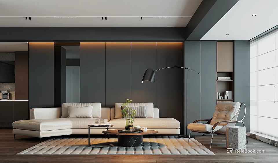 Modern Living Room Interior With Beige Sofa Floor Lamp Green Plant And Coffee Table 3d model 