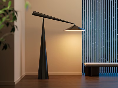 Modern Minimalist Floor Lamp With Black Cantilever Design Warm Light Near Striped Wall And Wooden Floor 3d model