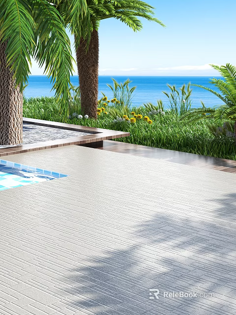 Outdoor Wooden Decking For Poolside With Ocean View And Green Plants Trees 3d model 