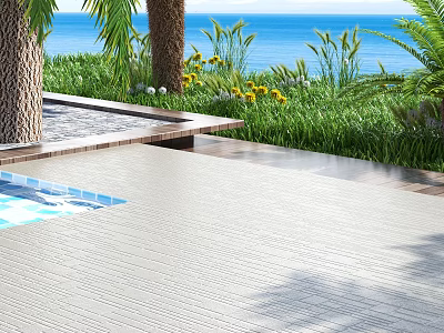 Outdoor Wooden Decking For Poolside With Ocean View And Green Plants Trees 3d model