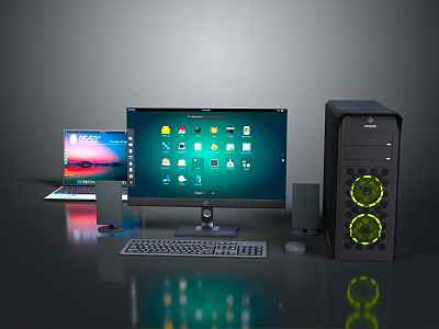 Modern Desktop Computer Setup With Monitor PC Case Green Fans Keyboard Mouse And Laptop 3d model