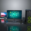 Modern Desktop Computer Setup With Monitor PC Case Green Fans Keyboard Mouse And Laptop