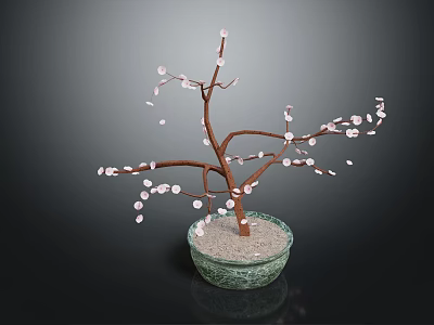 Potted Plant With Pink Flowers And Brown Branches In Green Container With Sand 3d model