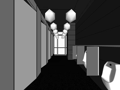 Public Toilet Interior With Long Corridor Stalls Hexagonal Pendant Lights And Window 3d model