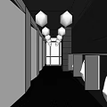 Public Toilet Interior With Long Corridor Stalls Hexagonal Pendant Lights And Window