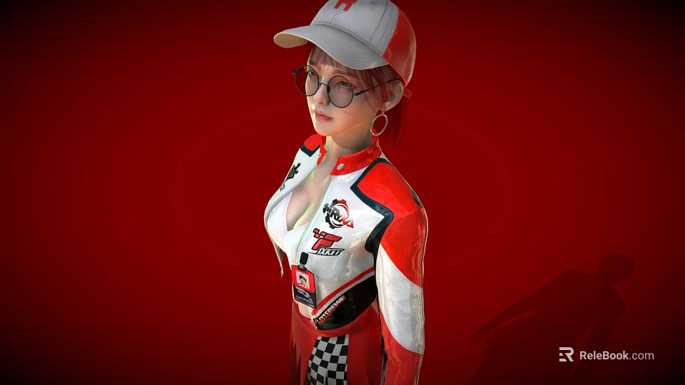 Female Character in Red and White Racing Suit With Cap Glasses and RACING Logo 3d model 