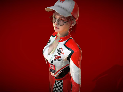 Female Character in Red and White Racing Suit With Cap Glasses and RACING Logo 3d model