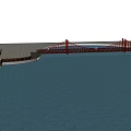 Red Suspension Bridge Over Blue Water With Traditional Pavilion Structure