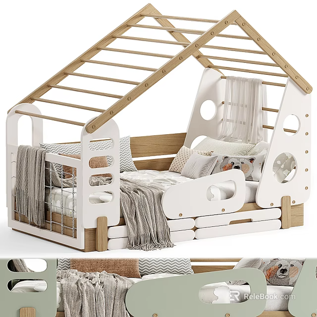Cozy House Shaped Children Bed with Wooden Ladder and Circular Windows 3d model 