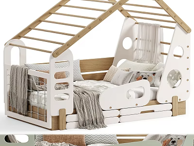 Cozy House Shaped Children Bed with Wooden Ladder and Circular Windows 3d model