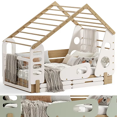 Cozy House Shaped Children Bed with Wooden Ladder and Circular Windows 3d model