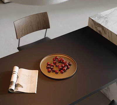 Fresh Cherries On Golden Plate With Open Magazine Over Dark Table 3d model