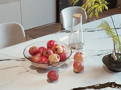 Fresh Red Apples in Glass Bowl on Marble Table with Potted Plant and Glass Bottle 3d model