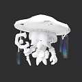 White Decorative Hanging Sculpture With Tentacle Like Structures And Blue Accents