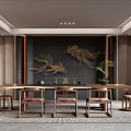 Traditional Tea Room Interior With Long Wooden Table Chairs And Golden Fish Wall Decorations