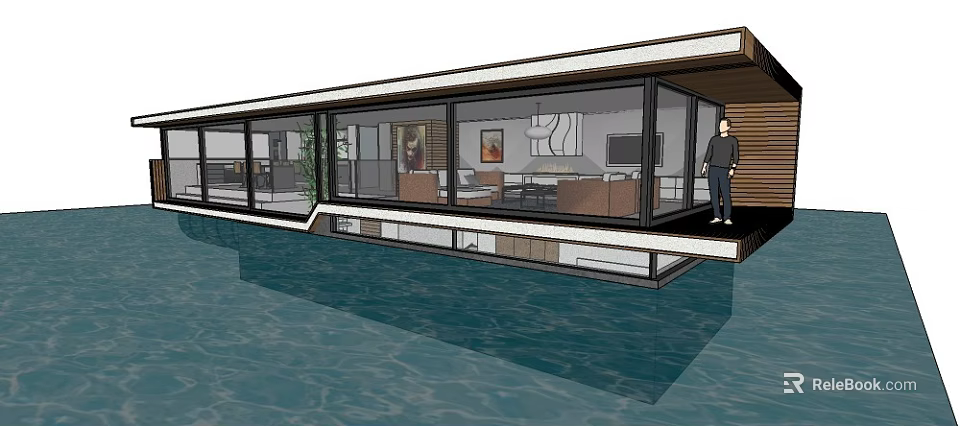 Modern Waterfront Detached Villa Featuring Large Glass Windows And Open Interior 3d model 