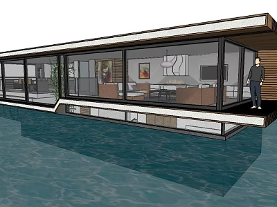 Modern Waterfront Detached Villa Featuring Large Glass Windows And Open Interior 3d model