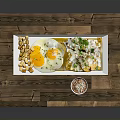 Delicious Fried Eggs And Fries With Green Herbs On White Plate Wooden Tray Seasoning Bowl